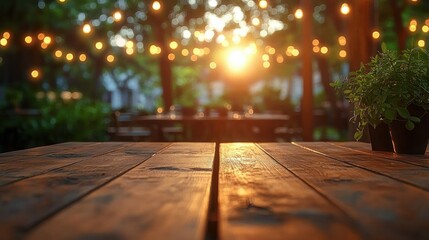 Wooden Table at Sunset Cafe Scene Empty Background for Product Display