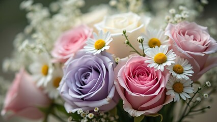 Dreamy Pastel Bouquet, Soft Pink, White, Purple Roses & Daisies, Romantic Flower Arrangement, Tender Celebration