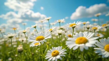 Serene Daisy Field, Close-Up Shots of Delicate White and Yellow Blossoms Swaying in Gentle Breeze Under a Clear Blue Sky
