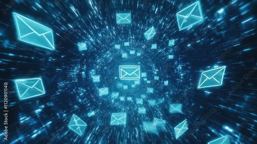 Poster animated emails glide through a digital blue space, representing fast and efficient messaging.