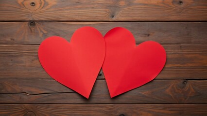 Romantic Valentine's Day, Two Red Paper Hearts on Rustic Wooden Background