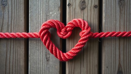 Romantic Red Rope Heart Knot on Wooden Fence, Love & Connection Symbol