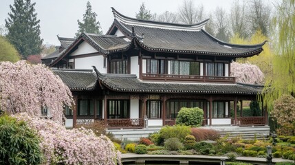 Obraz premium Blooming cherry trees frame a peaceful Chinese home with ornate roofs and lush gardens.