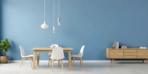 A modern dining room with a wooden table, white chairs, and a blue accent wall