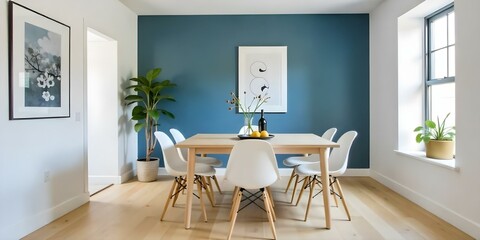 A modern dining room with a wooden table, white chairs, and a blue accent wall