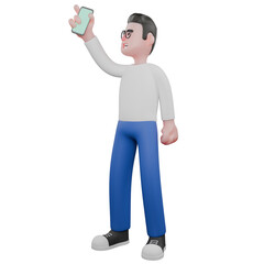 Professional Video Editing 3D Cartoon Model. A Male Video Editor Stands with one hand holding his cellphone up and the other hand clenched beside his body . Illustration Design