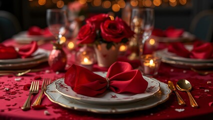 Naklejka premium Romantic Valentine's Day Table Setting, Red Napkins, Gold Cutlery, Heart Decorations, Dark Background - High-Quality Banner Image with Copy Space
