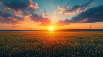 Fototapeta premium Breathtaking Sunset Over Golden Wheat Field with Dramatic Sky and Silhouette of Wind Turbines on the Horizon Creating an Ideal Landscape Scene