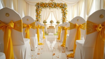 Elegant Indian Wedding Ceremony, White Chairs with Yellow Sashes & Gold Decor