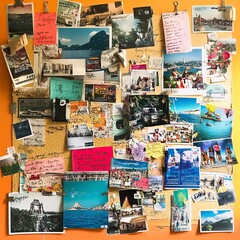 Corkboard Collage of Yearly Highlights with Polaroids and Notes, Year-in-Review Collage, New Year's day, New Year's Eve 

