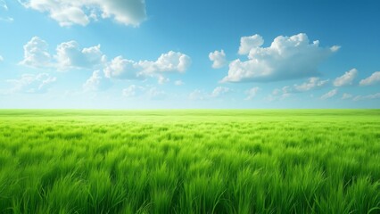 Fototapeta premium Serene Panoramic View, Endless Green Grass Meadow under a Blue Sky with Fluffy White Clouds