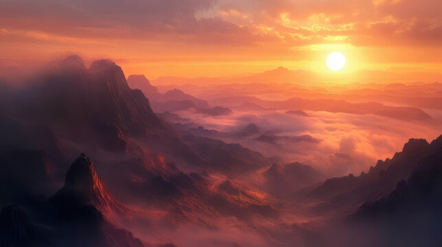 breathtaking view of sunrise over misty mountains, evoking tranquility
