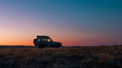 Fototapeta premium Sports utility vehicle parked in a field against a clear sky during dusk.