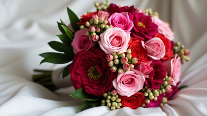 Elegant Pink & Red Wedding Bouquet, Roses, Hydrangeas, and Stock Flowers on White Fabric