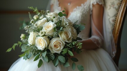 Elegant Vintage Wedding Bouquet, Close-up of Cream Roses and Greenery on Antique Chair