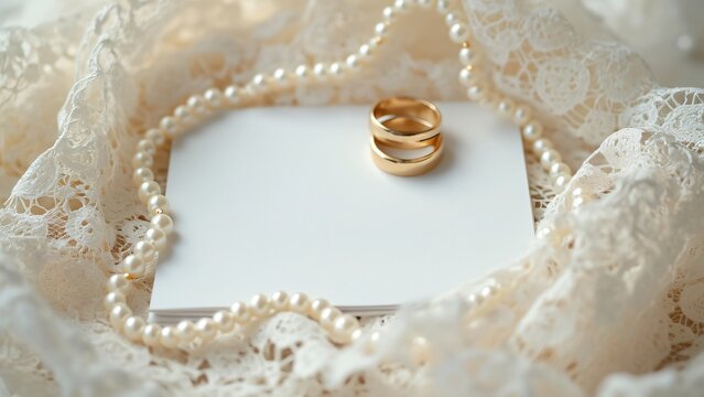 Elegant Wedding Invitation Mockup, White Card, Lace, Pearls & Rings