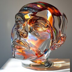 Abstract Glass Head Sculpture: Iridescent and Colorful Modern Art