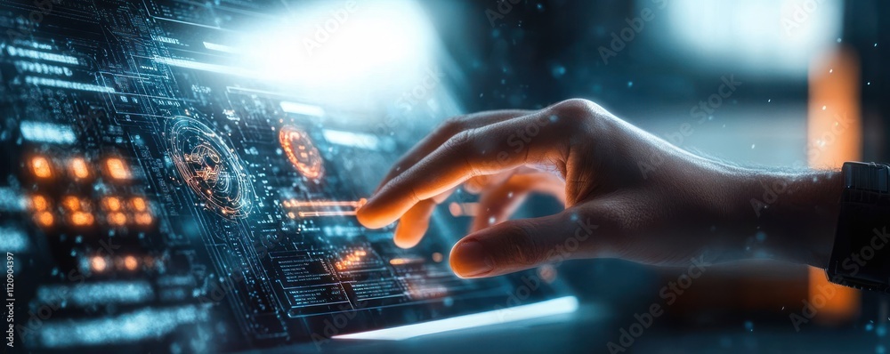 Poster Futuristic Digital Workspace Interactive Holographic Data Displays Software Engineering AI Cloud Computing