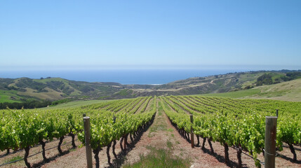 Obraz premium picturesque vineyard in rolling hills with ocean view