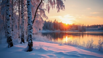 Stunning Finnish Winter Sunset, Snow-Covered Birch Forest by Lake