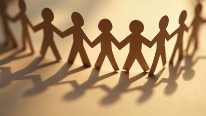 Abstract Chain of Paper Cutout Stick Figures Holding Hands, Warm Background, Close-up