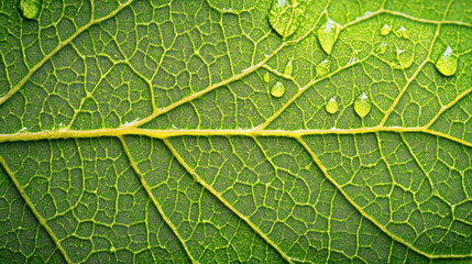 Fototapeta premium close up of vibrant green leaf with raindrops glistening