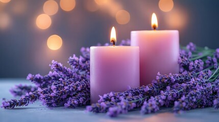Lavender Candles and Fresh Lavender Flowers for Relaxation and Aromatherapy