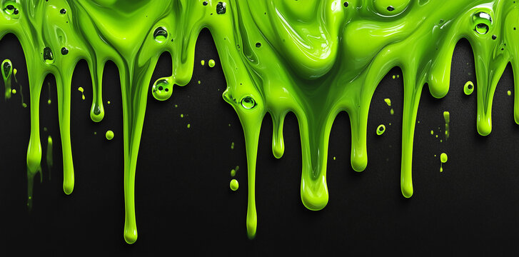 Green slime dripping down on a black background, in the style of a vibrant green color