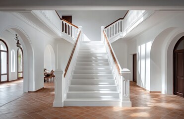 Obraz premium Grand white staircase in a bright, elegant hallway with terracotta tile floor.