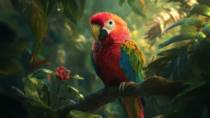 vibrant parrot perched on branch surrounded by lush greenery