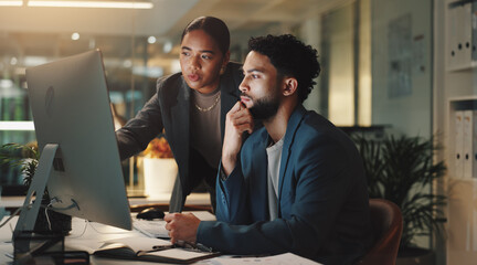 Man, woman and review by office computer at night for planning, point or advice for project management. Business people, partnership and team talk for feedback on overtime at startup creative agency