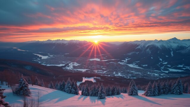 Stunning Sunset Over Snowy Mountains & Cityscape, Golden Hour Ski Resort Panorama