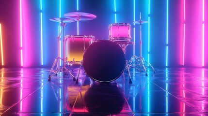 Neon-Lit Drum Kit in Vibrant Pink and Blue Studio