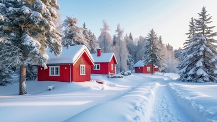 Idyllic Swedish Winter Wonderland, Snow-Covered Red Houses, Pristine Landscape