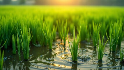 Obraz premium Lush Green Rice Paddy Field, Dew-Kissed Rice Plants Swaying in the Gentle Breeze