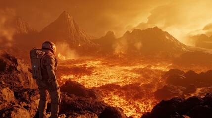 Astronaut observes volcanic landscape on alien planet