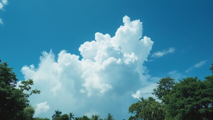 Obraz premium Stunning Wide-Angle View, Lush Tropical Forest Under a Dramatic Blue Sky with Puffy White Clouds