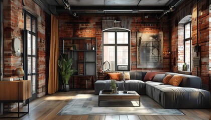 Modern industrial living room design urban apartment interior photography cozy environment wide angle view contemporary aesthetic for stylish homes