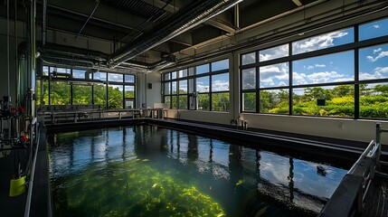 Aquaculture facility with large tanks containing various species of fish, sustainable farming practices, and advanced technology for water quality monitoring and feeding systems. 
