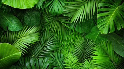 Lush green tropical leaves creating a vibrant natural backdrop.