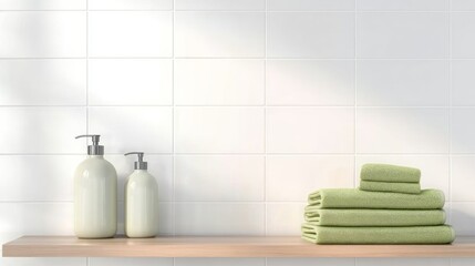 A minimalist bathroom scene featuring neatly stacked green towels and elegant soap dispensers on a wooden shelf against a white tiled wall.
