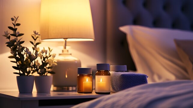 Sleep aid products neatly arranged on a bedside table, promoting relaxation and restful sleep for a peaceful night's slumber.