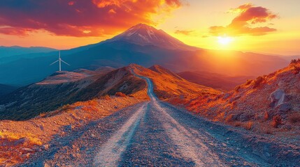 Fototapeta premium Stunning Sunset Over Mountains with Vibrant Sky and Scenic Pathway Leading to Majestic Peak and Wind Turbine in Serene Landscape