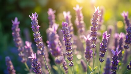 Fototapeta premium Vibrant Lavender Flowers in Summer Sunlight, Close-up Macro Photography of Delicate Purple Blossoms Swaying Gently in a Field of Green, Capturing Nature's Beauty