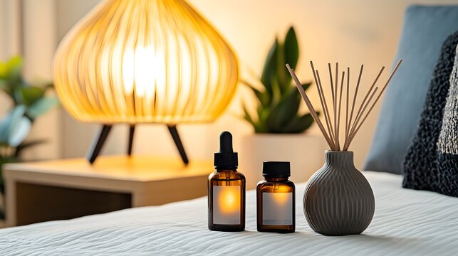 Sleep aid products neatly arranged on a bedside table, promoting relaxation and restful sleep for a peaceful night's slumber.