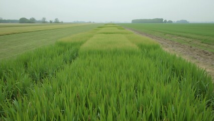 Overcast Day, Lush Green Field with Mowed Patches, Dirt Road and Barren Fields Background