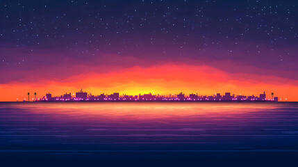 Vibrant sunset over a city skyline reflected in calm water under a starry night sky.