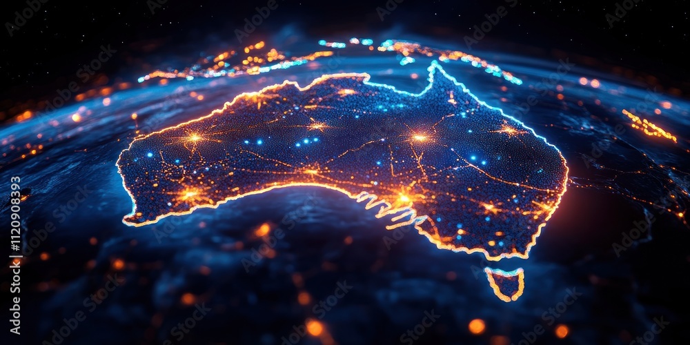Poster glowing digital map of australia's network connectivity and telecommunication system