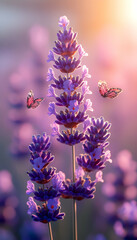 Obraz premium Lavender flowers with butterflies at sunset.