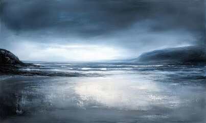 Obraz premium A serene seascape with dark clouds and reflective water at twilight.